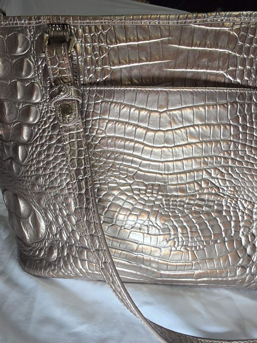 Brahmin Metallic Bronze Gold Croc Embossed Leather Large Tote Bag Tassel Charm - Picture 6 of 12
